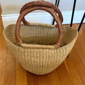 Woven Bolga Straw Tote with Brown Leather Handles